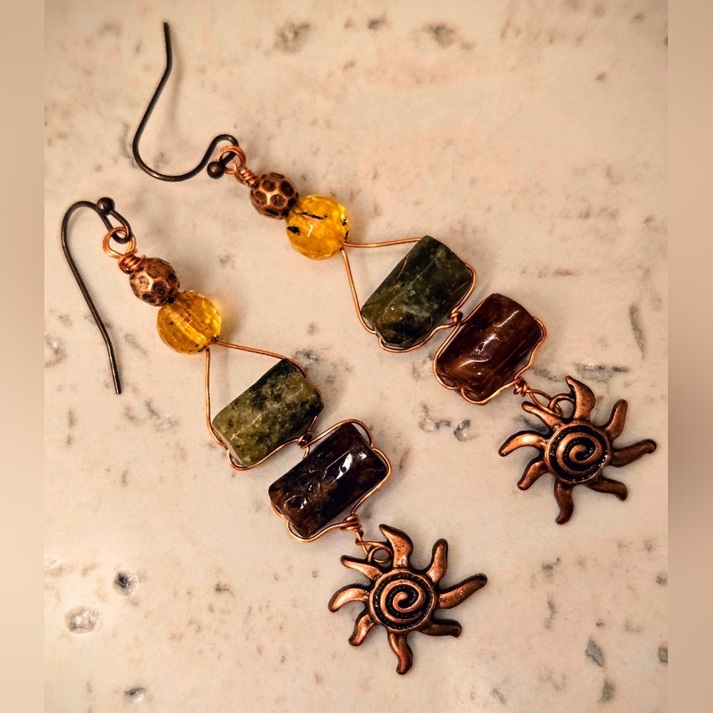 Nile Priestess' Sacred Green & Brown Garnets In Antique Copper Artisan Earrings - Picture 2 of 10